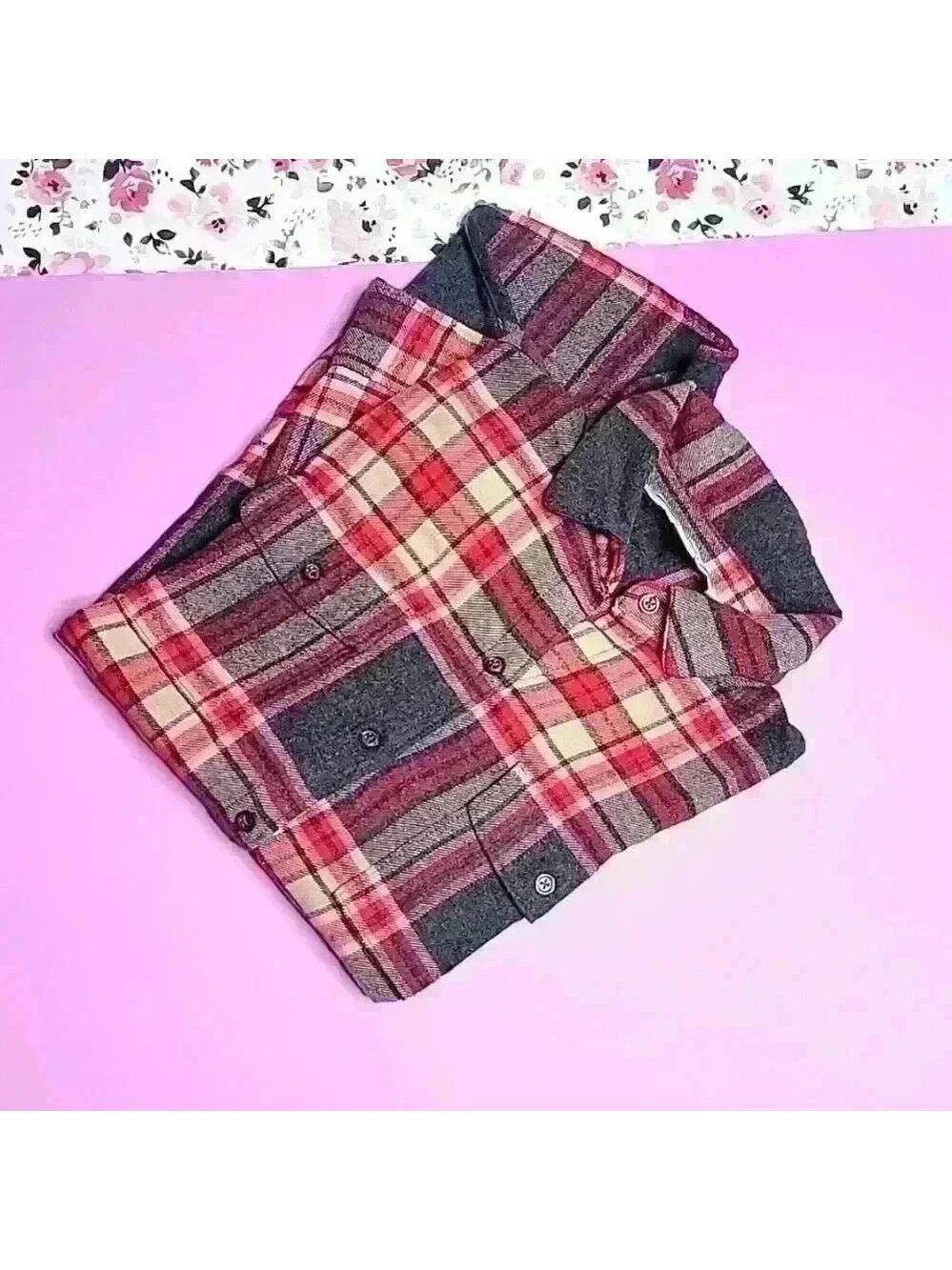 Cozy Plaid Button-Up Shirt – Red, Gray & Cream Flannel – Size XS
